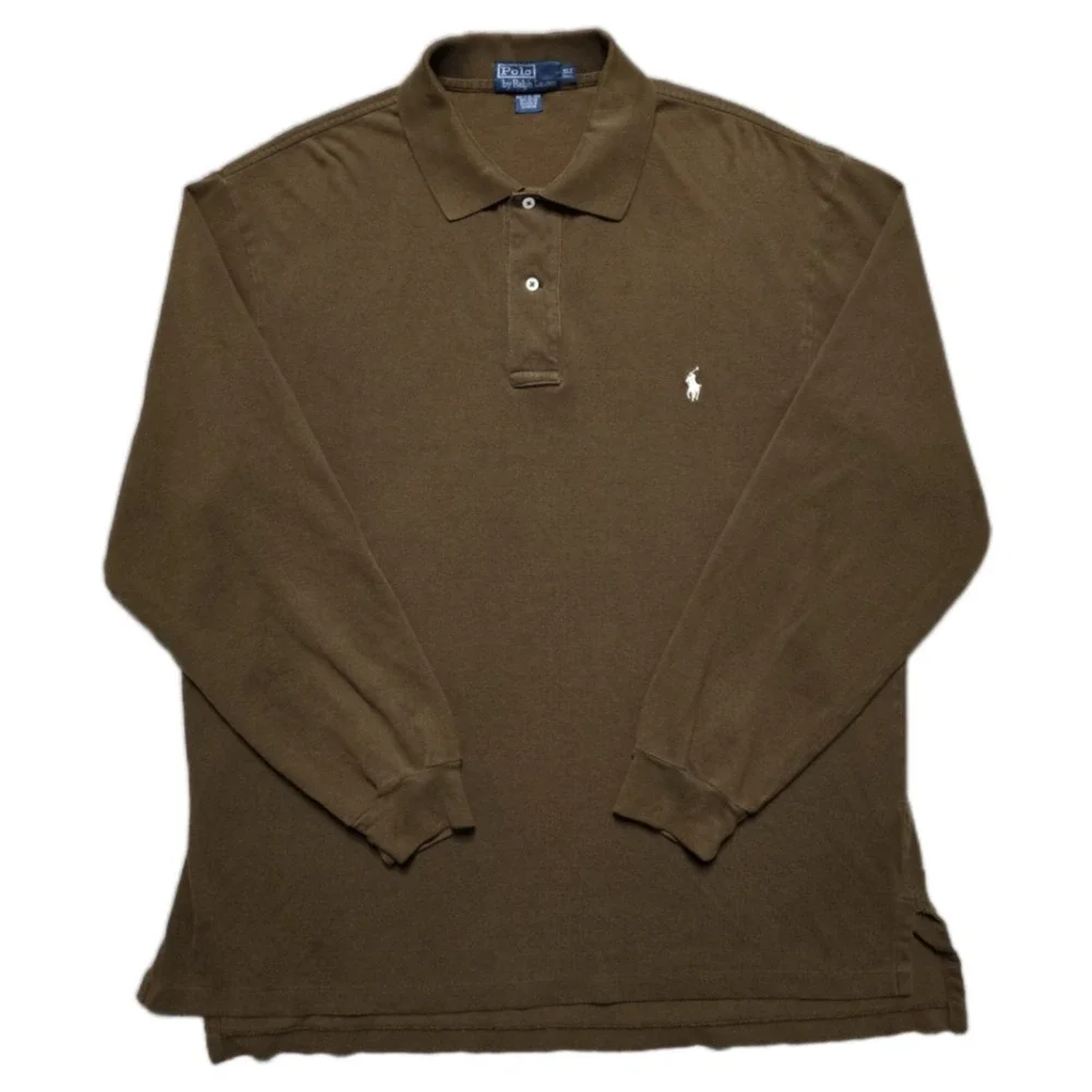 VTG 90s Polo Ralph Lauren Long Sleeve Polo Shirt Mens XLT Brown Pony Comfort